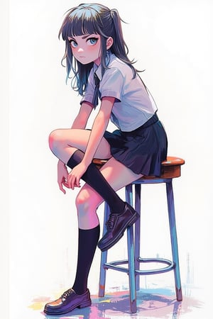 kawaiicolors, texture, brushstrokes, digital render studio photo, a 17-year-old girl sitting on a bar stool, looking at viewer, wearing formal school uniform, short sleeve, short skirt, necktie, white simple background. astroflux_v101