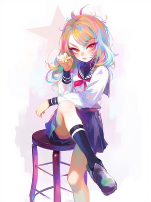 kawaiicolors, texture, brushstrokes, digital render studio photo, a 16-year-old student girl sitting on a bar stool, looking at viewer, school uniform, short skirt, white simple background. astroflux_v101