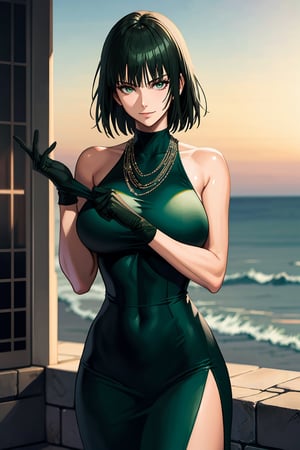 CG, fubuki(one punch man), (adjusting gloves), 1girl, solo, green eyes, black hair, necklace, pearl_necklace, dress, turtleneck dress, short hair, gloves,looking at viewer, green dress, black dress, side slit, green eyes, sleeveless, black gloves, bangs, large breasts, bare shoulders, standing, seductive smile, outdoors, shiny dress,fubuki(one punch man),adjusting gloves