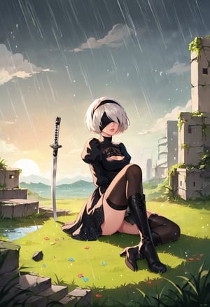 score_9, score_8_up, score_7_up, source_anime, 1girl, solo, 2b (nier:automata), outdoors, grass, horizon, rain, droplets, sprinkles, sun beam on face and body, lips, sitting, lack dress, black thighhighs, black knee boots, ,extremely detailed, scenery, katana on back, blindfold, ruins, building, knee up, stream, score_9, yorha2b