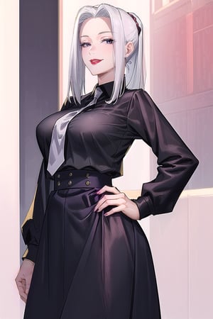 (masterpiece, best quality:1.2), solo, 1girl, meimeipast, smile, parted lips, red lips, looking at viewer, ponytail, black shirt, long skirt, black skirt, medium breasts, taut clothes, (white_necktie), jungle, long sleeves, holding, sidelocks, long_locks, thick_locks, (skirt has gold buttons)