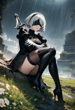 from side, (full body:1.3), 1girl, solo, yorha2b, 2b (nier:automata), lips, black dress,blindfold,black blindfold,clothing cutout, puffy sleeves, boots, black thigh boots, thighhighs, high heels, katana on back, rain, grass, horizon, sun beam on face and body, droplets, sprinkles, knee up, sitting, (masterpiece), (best quality), (ultra-detailed), very aesthetic, illustration, perfect composition, intricate details, absurdres, (anime, masterpiece, intricate:1.3), (best quality, hires textures, high detail:1.2), (4k),(incredibly detailed:1.4), UHD, 8K, ultra detailed, 