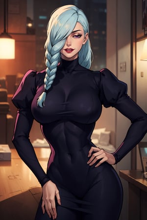 (ultra realistic, photorealistic), 1girl, MeiMei, solo, purple eyes, half closed eyes, braid, hair over one eye, one eye covered, braided ponytail, lipstick, red lips, parted lips, turtleneck, black dress, puffy sleeves, juliet sleeves, long sleeves, outdoors, white hair, indoors, contrapposto, hand on hip, looking at viewer, grinning, cowboy shot,