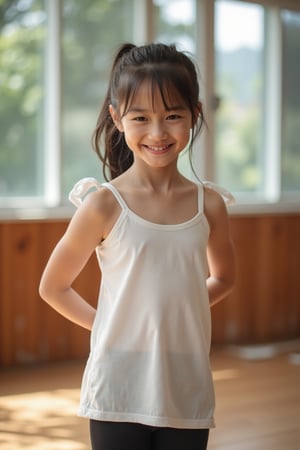 photorealistic, a Japanese little beauty (12-year-old, wear white camisole top, yoga leggings) break dancing in the gym classroom, smile, sweat. soft lighting