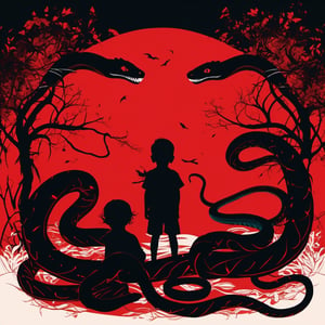 black silluette of 1 child and 2 snakes, menacing, evil, red simple plan background