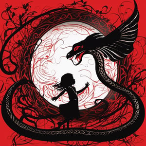 black silluette of 1 female child. [1 serpent reaching out the back on each side like wings], (menacing, evil), red simple plan background