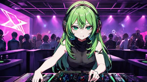 Movie scene, Female DJ playing on the decks, Green long Hair, Serpent Eyes, part of skin are green serpent scales. In underground club with laser show. Party Crowd in the front,  high quality, high detail