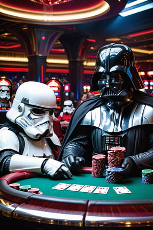 in the death star casino Darth Vader is sitting at a pokertable with Storm Troopers playing a highstakes poker game, holding bicycle_style playing_cards in hands, poker_chips, in the background imperial officers are gambling,more detail XL,Casino Background