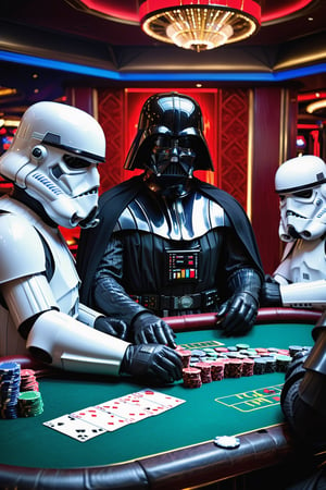 in the death star casino Darth Vader is sitting at a pokertable with Storm Troopers playing a highstakes poker game, holding bicycle_style playing_cards in hands, poker_chips, in the background imperial officers are gambling,more detail XL,Casino Background