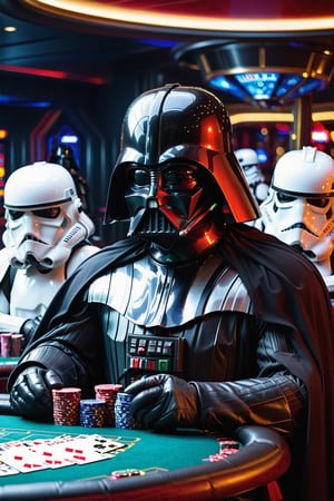 in the death star casino Darth Vader is sitting at a pokertable with Storm Troopers playing a highstakes poker game, holding bicycle_style playing_cards in hands, poker_chips, in the background imperial officers are gambling,more detail XL,Casino Background