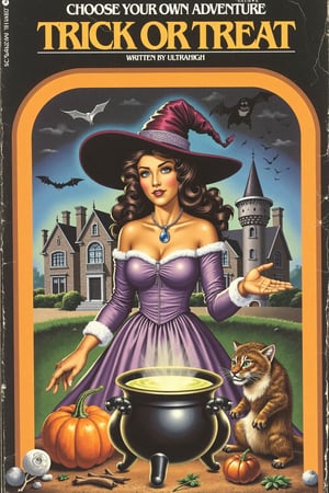 "choose your own adventure" book cover titled "trick or treat" in small text under the title "written by UltraHigh" illustration showing a gorgeous woman dressed as a witch brewing a magic spell in her witches cauldron, haunted mansion, hyper realism, uhd, hyper detailed, ultra high resolution, science fiction, horror,