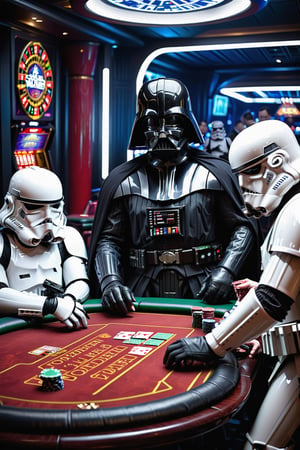 in the death star casino Darth Vader is sitting at a pokertable with Storm Troopers playing a highstakes poker game, holding bicycle_style playing_cards in hands, poker_chips, in the background imperial officers are gambling,more detail XL,Casino Background