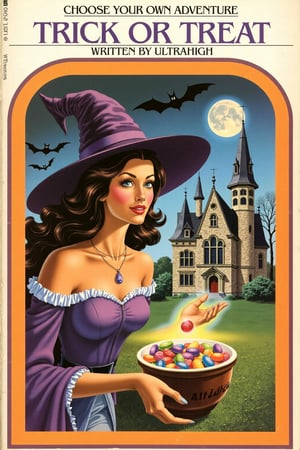 "choose your own adventure" book cover titled "trick or treat" in small text under the title "written by UltraHigh" illustration showing a gorgeous woman dressed as a witch with a magic bowl of glowing halloween candy in a haunted mansion, hyper realism, uhd, hyper detailed, ultra high resolution, science fiction, horror,