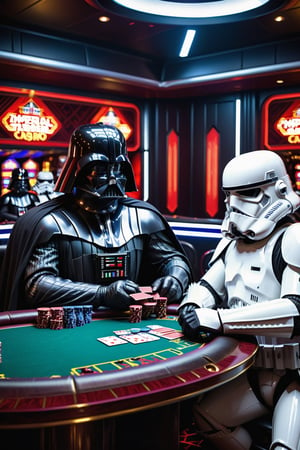 in the death star casino Darth Vader is sitting at a pokertable with Storm Troopers playing a highstakes poker game, holding bicycle_style playing_cards in hands, poker_chips, in the background imperial officers are gambling,more detail XL,Casino Background