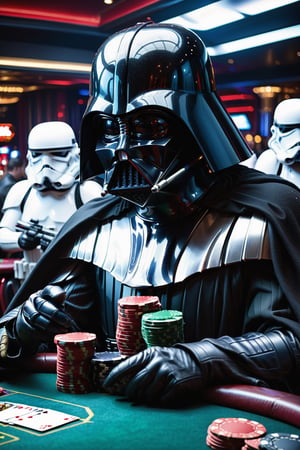 in the death star casino Darth Vader is sitting at a pokertable with Storm Troopers playing a highstakes poker game, holding bicycle_style playing_cards in hands, poker_chips, in the background imperial officers are gambling,more detail XL,Casino Background