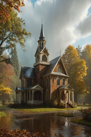 Visualize various styles of small victorian style churches, temples, and holy places seen from the outdoors. Set the scene in an early fall,  light raining setting. 