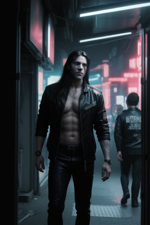 Adult man, long hair,  cyberpunk horror