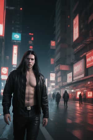 Adult man, long hair,  cyberpunk horror