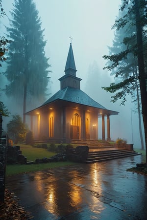 Visualize various styles of small modern style churches, temples, and holy places seen from the outdoors. Set the scene in a foggy evening in a light raining setting. 