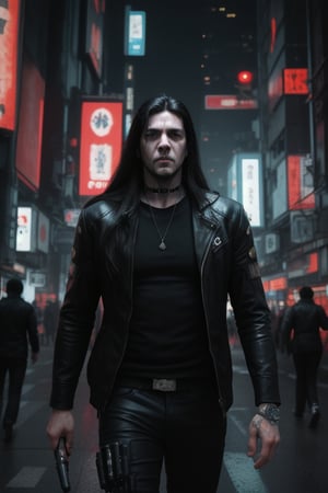 Adult man, long hair,  cyberpunk horror