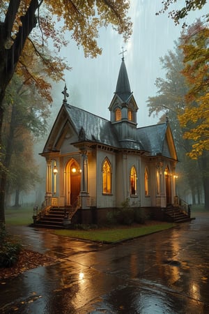Visualize various styles of small victorian style churches, temples, and holy places seen from the outdoors. Set the scene in an early fall,  light raining setting at night. 