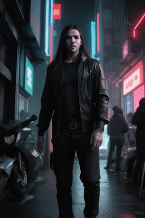 Adult man, long hair,  cyberpunk horror