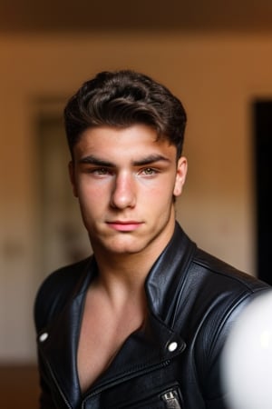 handsome, dark hair, brown eyes, 18 years old male, thin cheeks, tanned skin, light face hair, stoic, strong, small town setting, confident look, hispanic ethnicity, wearing black leather biker jacket