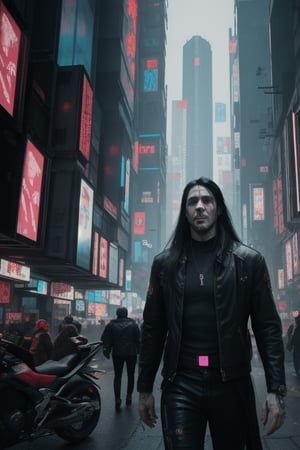 Adult man, long hair,  cyberpunk horror