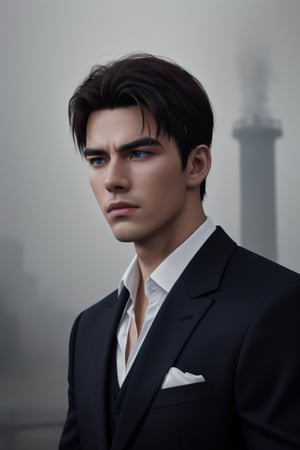 handsome, dark hair, dark blue eyes, 26 years old, male, stoic, strong, foggy rainy weather town setting, formal attire, content mood, realistic, photorealism