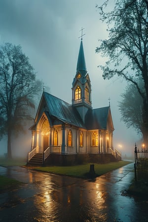 Visualize various styles of small victorian style churches, temples, and holy places seen from the outdoors. Set the scene in a foggy nighttime, light raining setting. 