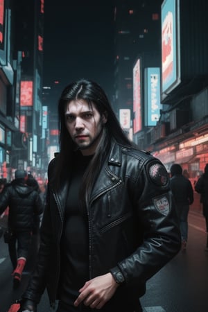 Adult man, long hair,  cyberpunk horror