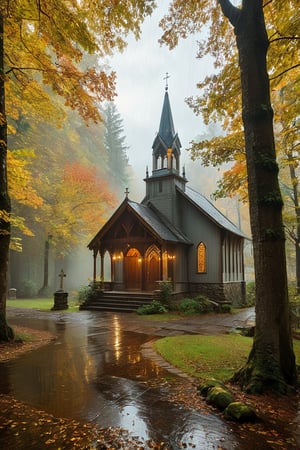 Visualize various styles of small churches, temples, and holy places seen from the outdoors. Set the scene in an early fall,  light raining setting. 