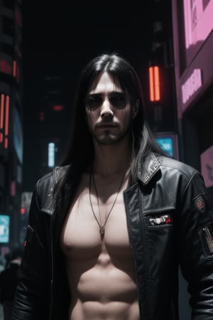 Adult man, long hair,  cyberpunk horror