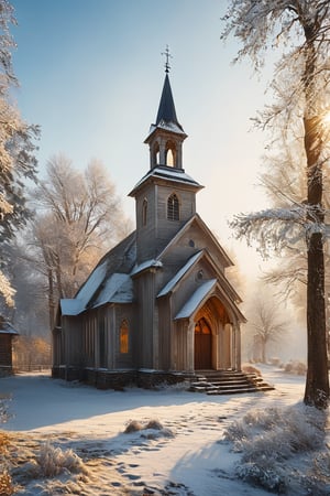 Visualize various styles of small churches, temples, and holy places seen from the outdoors. Set the scene in an early,  light winter setting. 