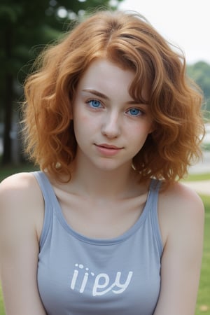 Imagine a female,  slightly pale skin, auburn medium length slightly curly hair, blue eyes, 18 year old, casual warm summer day