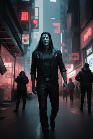 Adult man, long hair,  cyberpunk horror