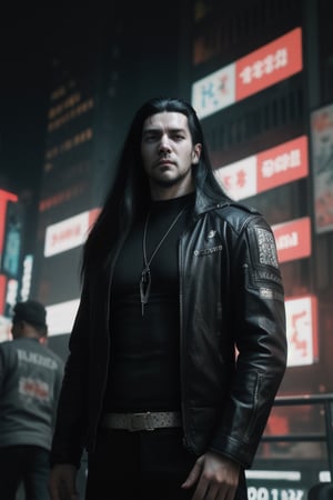 Adult man, long hair,  cyberpunk horror