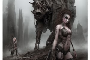 imagine a post-apocalyptic world, with a beautiful woman design influenced by Luis Royo, trying to find survivors in the landscape.