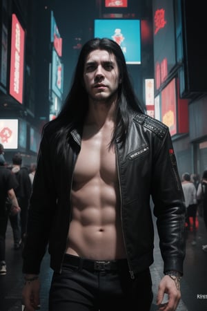 Adult man, long hair,  cyberpunk horror