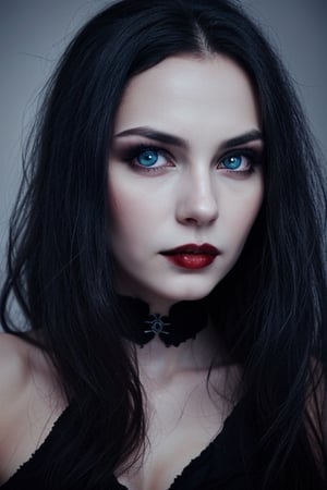 Imagine a female vampire, beautiful with black hair and blue eyes, 26 year old.