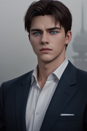 handsome, dark hair, dark blue eyes, 18 years old, male, stoic, strong, foggy rainy weather town setting, formal attire, content mood, realistic, photorealism