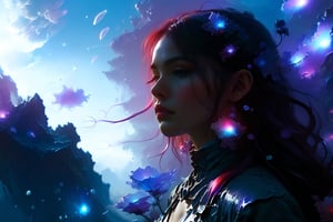 A bioluminescent light red, sky blue and purple galaxy, in a crysta fantasy landscape, soft lighting, sharp focus, by Marc Simonetti & Yoji Shinkawa & WLOP, paint drops, soft edges, trending on artstation, studio photo, intricate details, highly detailed,DracolichXL24