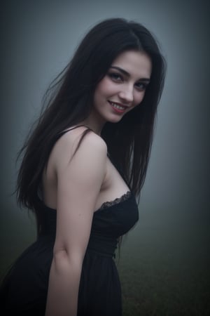 vampire, beautiful feminine features, dark hair, blue eyes, 26 year old adult, posing happily in a foggy spring evening setting. 