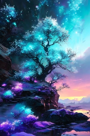 A bioluminescent light teal, purple and black galaxy, in a crysta winter fantasy landscape, soft lighting, sharp focus, by Marc Simonetti & Yoji Shinkawa & WLOP, paint drops, soft edges, trending on artstation, studio photo, intricate details, highly detailed,DracolichXL24