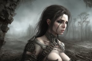 imagine a post-apocalyptic world, with a beautiful woman design influenced by Luis Royo, trying to find survivors in the landscape.