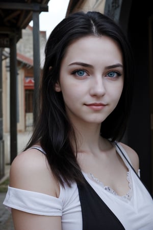 female, vampire, beautiful, black hair, blue eyes, 18 year old adult, slight smile, imagined in random scenery settings