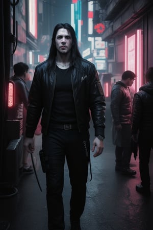 Adult man, long hair,  cyberpunk horror