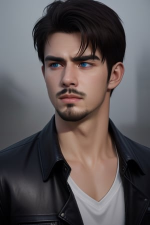 handsome, dark hair, dark blue eyes, 19 years old, male, stoic, strong, foggy rainy weather town setting, black leather jacket, sad, light facial hair goatee, realistic, photorealism