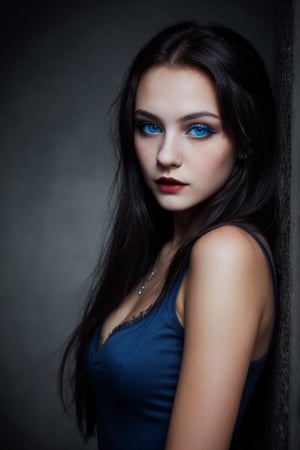 vampire, beautiful, dark hair, blue eyes, 20 years old adult