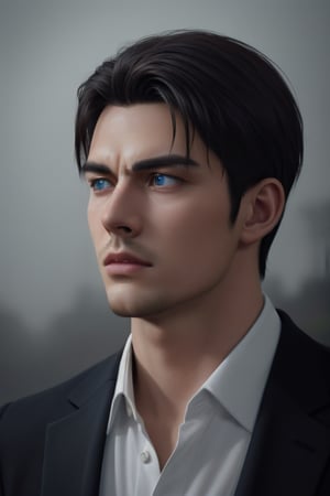handsome, dark hair, dark blue eyes, 26 years old, male, stoic, strong, foggy rainy weather town setting, formal attire, content mood, realistic, photorealism
